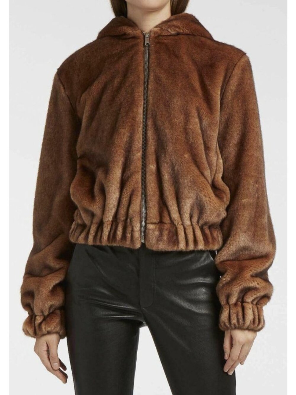HELMUT LANG Brown Faux Fur Hooded Bomber Jacket Size Small